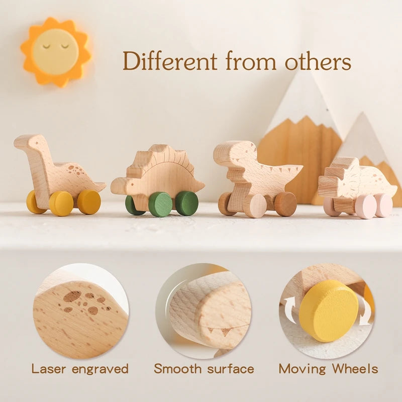 Wooden Dinosaur Baby Car Teether Montessori Toy
