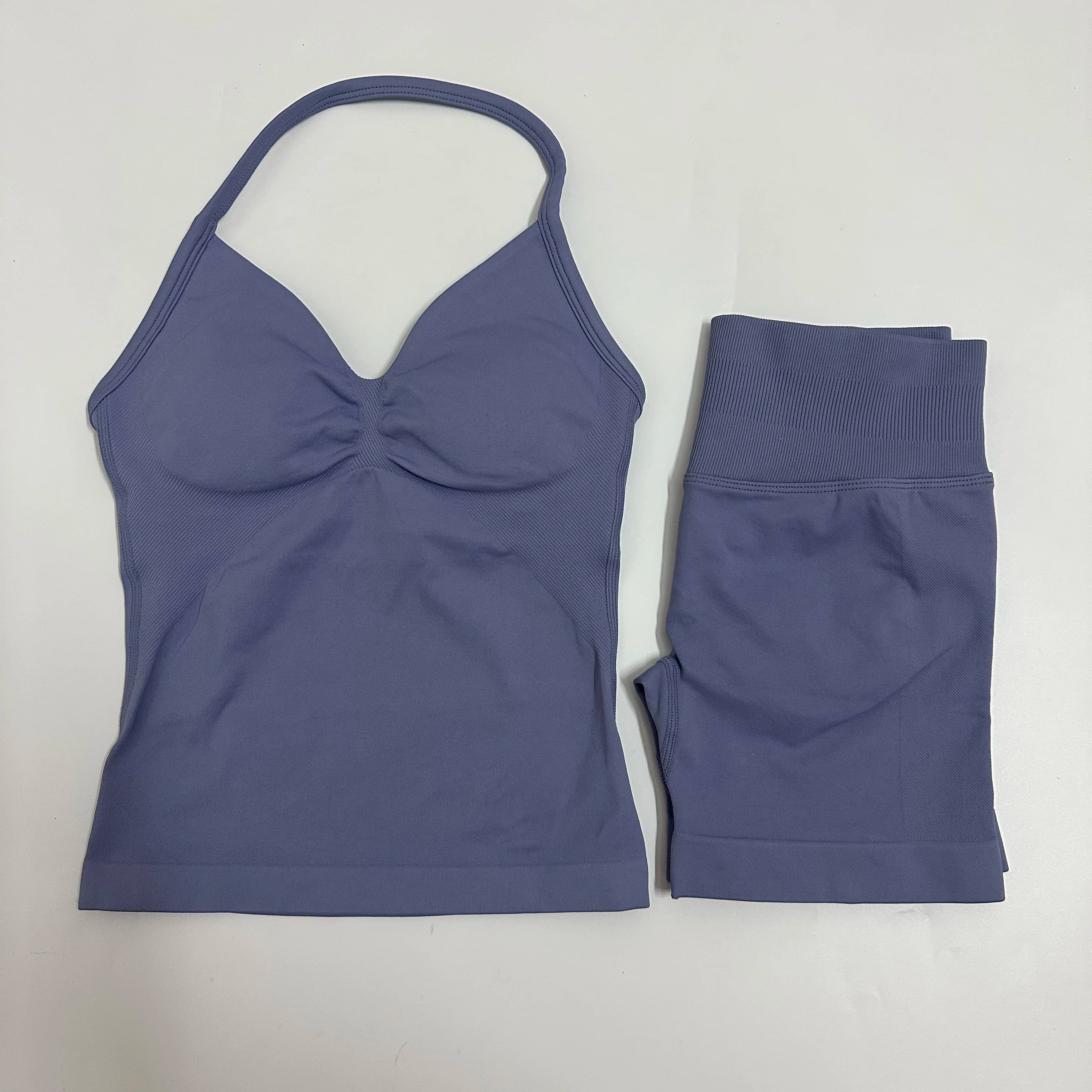 Seamless Yoga Set Women Strappy Tank Top Scrunch Shorts Gym Workout Outfit