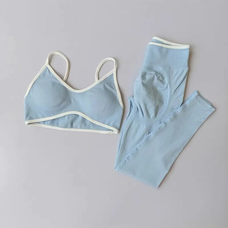 Women Strappy Sports Set Contrast Yoga Suit Shockproof Quick Dry Fitness Pants