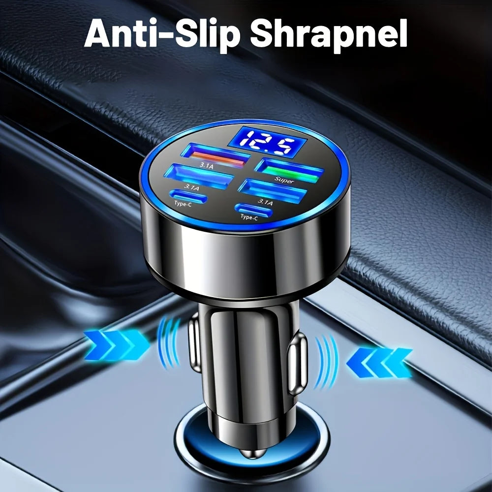 6-in-1 Fast Charging Car Charger – Dual USB & Type-C Ports with LED Voltage Display
