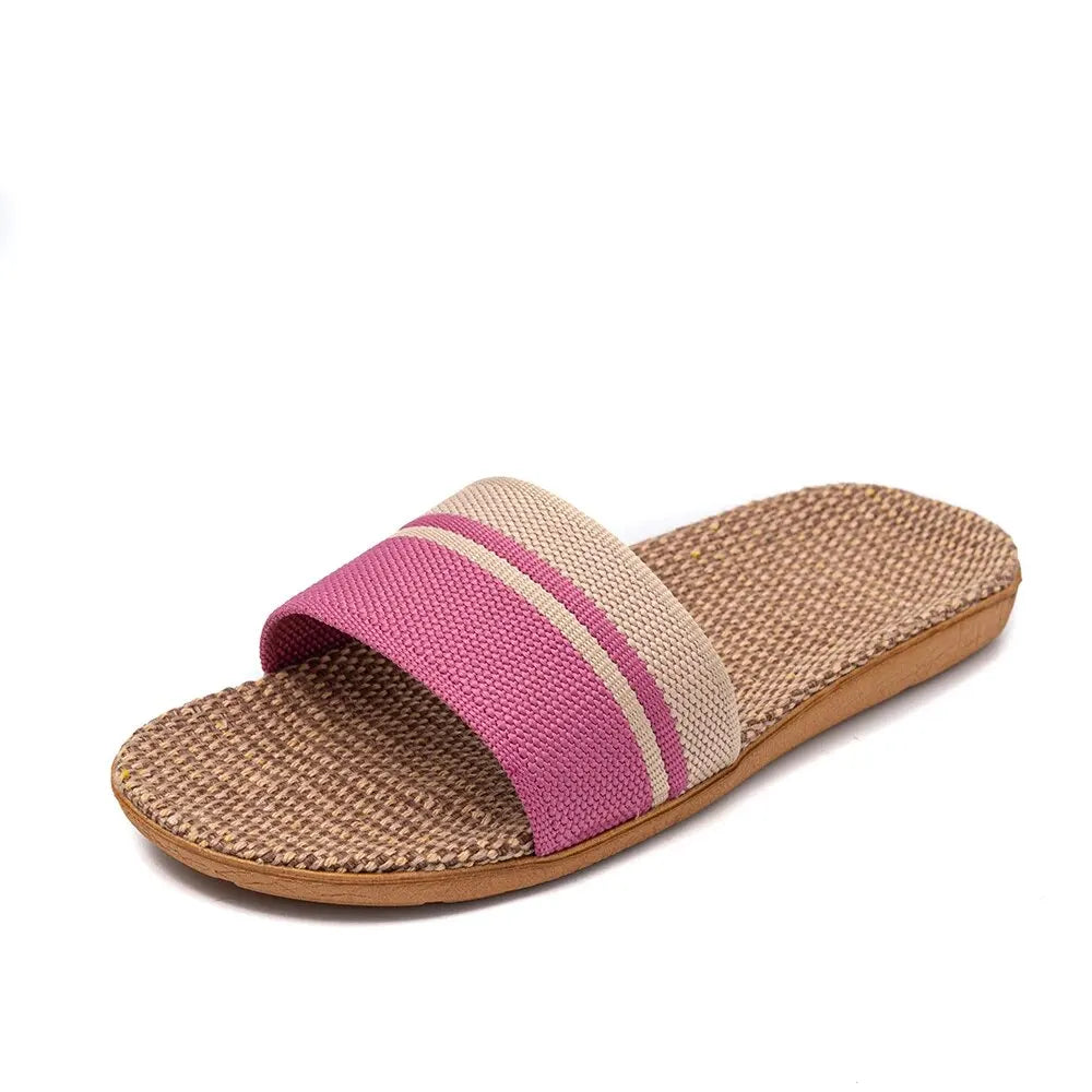 Women Linen Slippers Anti Slip Indoor Home Slides Lightweight Breathable Summer Flat Sandals