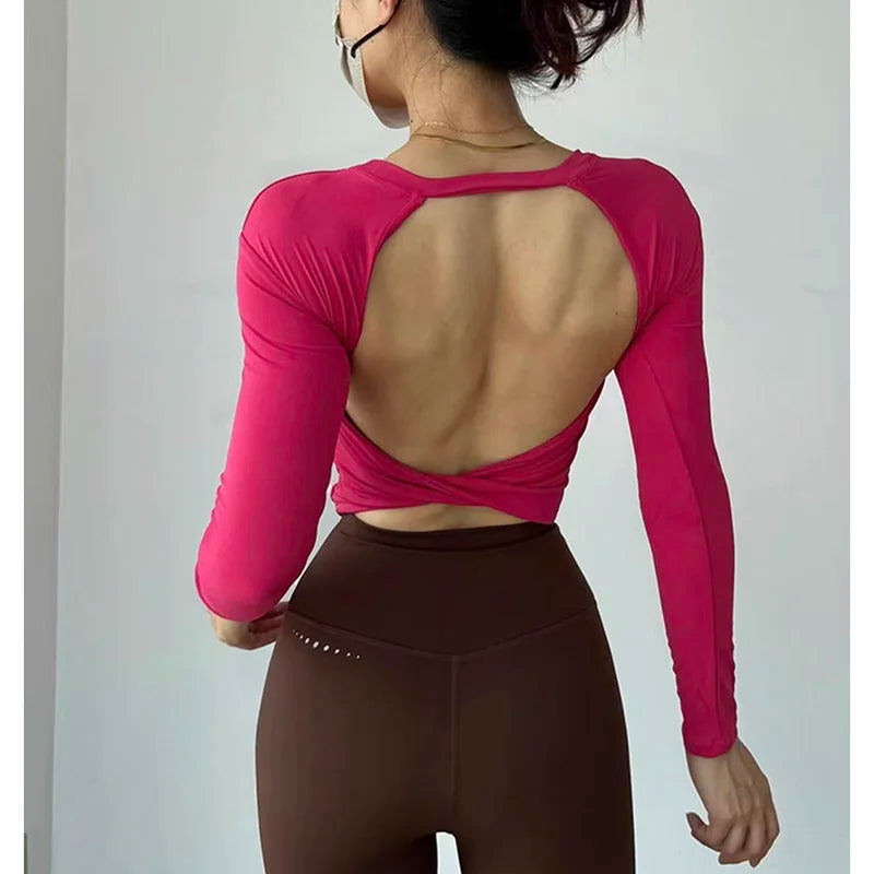 Women Yoga Long Sleeve Crop Top Backless Slim Fit Waist Cinch Fitness Shirt