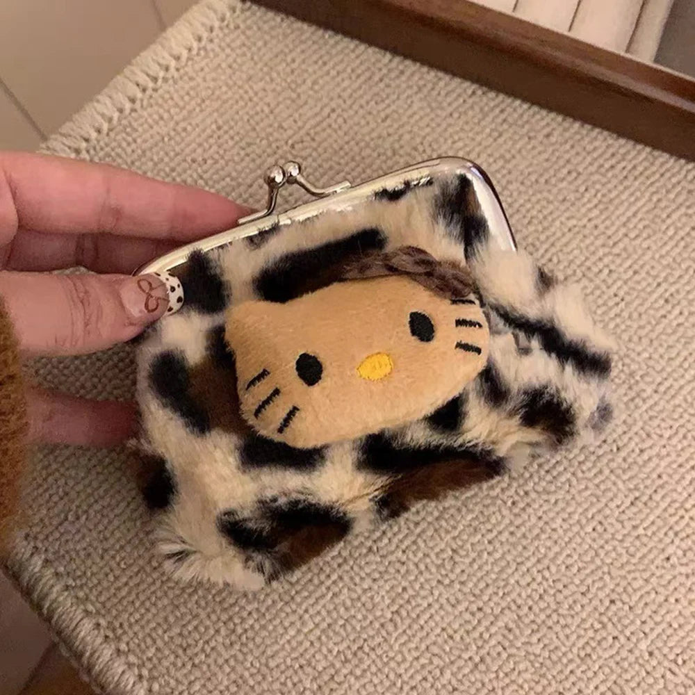 Kitty Leopard Print Plush Coin Purse Mini Makeup Storage Bag