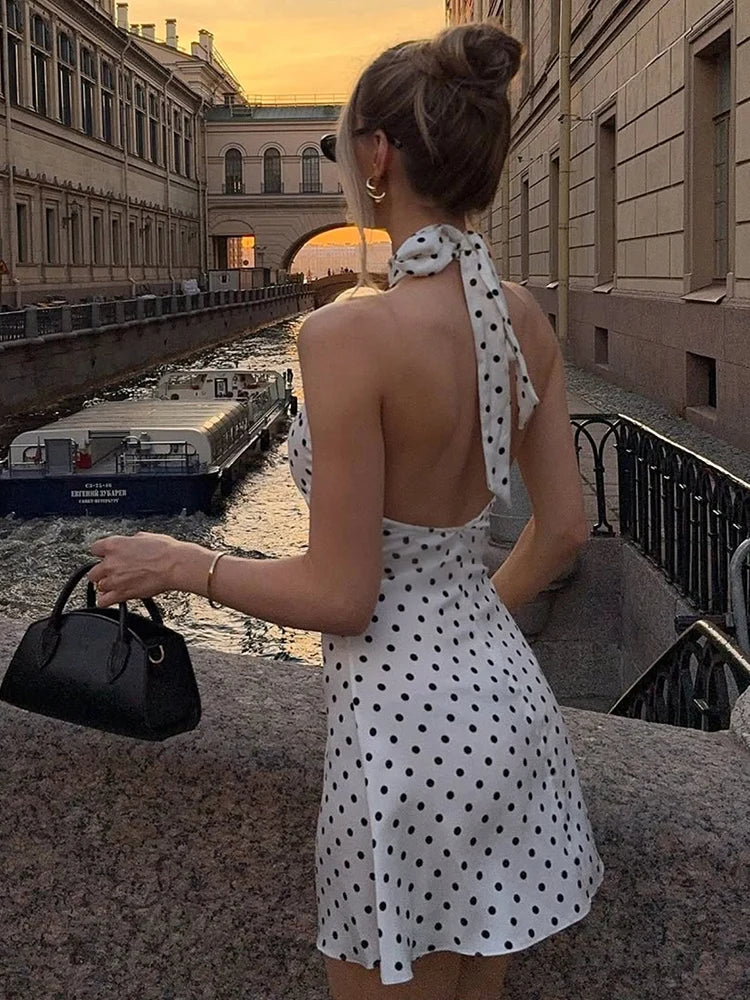 Women Polka Dot Off Shoulder Halter Mini Dress Backless High Waist Y2K Party Dress