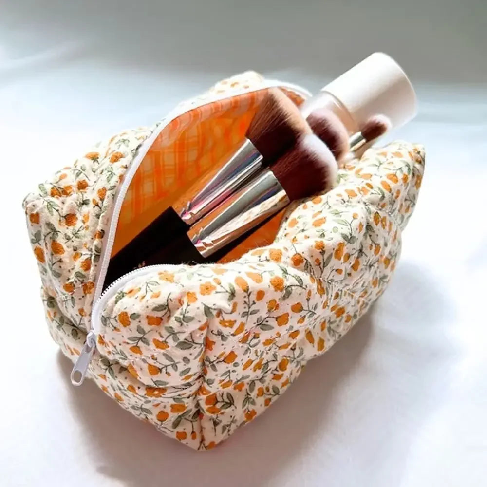 Floral Quilted Zipper Makeup Bag Cosmetic Storage Travel Organizer Pouch