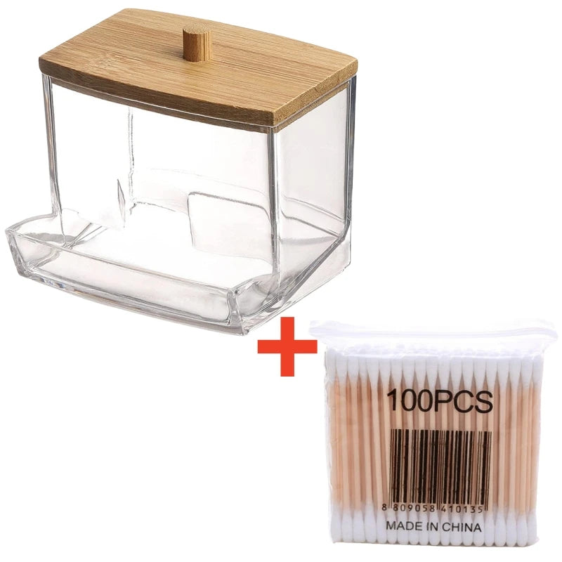 Cotton Swab Storage Box with Bamboo Lid