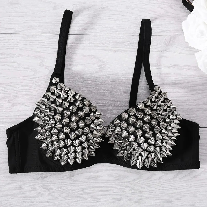 Women Punk Rivet Bralette Gothic Push Up Bra Top Sexy Lingerie Nightclub Party Wear