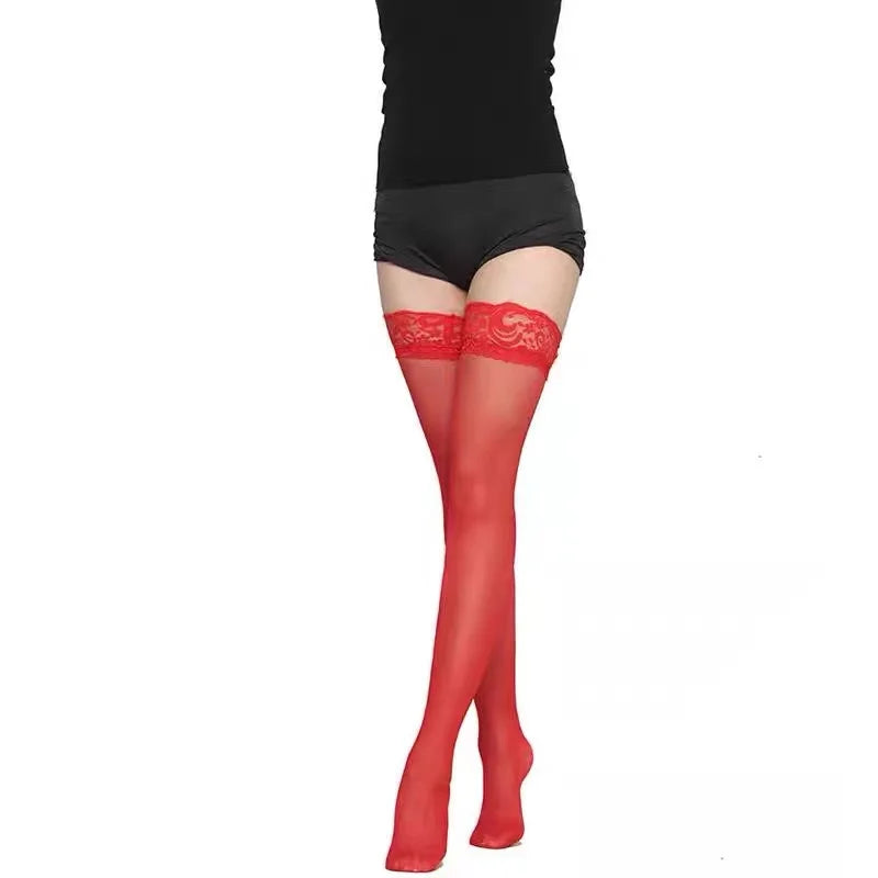 Women Lace Trim Thigh High Stockings Over Knee Smooth Hosiery