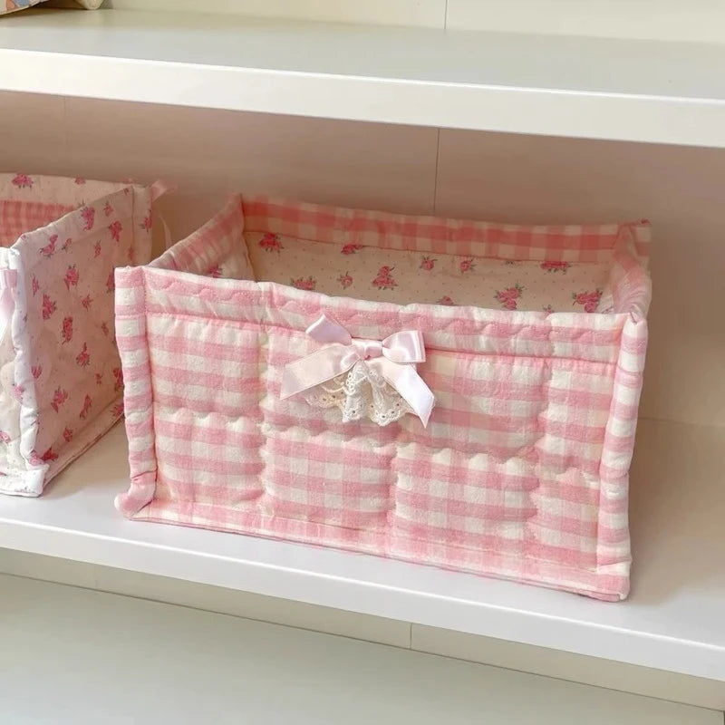 Lace Flower Quilted Square Storage Basket Desktop Organizer Home Decor Basket