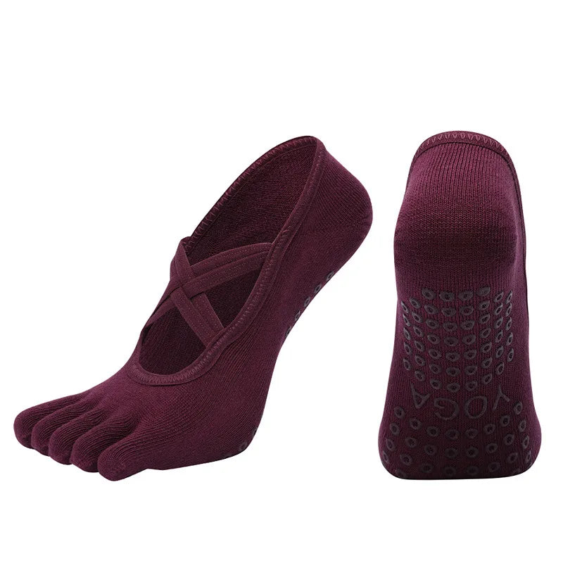 Women Anti Slip Pilates Five Toe Yoga Socks Silicone Grip Cotton Fitness Socks 1–4 Pairs