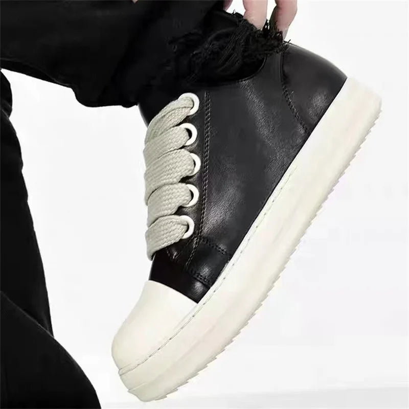 Unisex Black Leather Platform Sneakers Lace Up Zipper Casual Thick Sole Shoes 2025