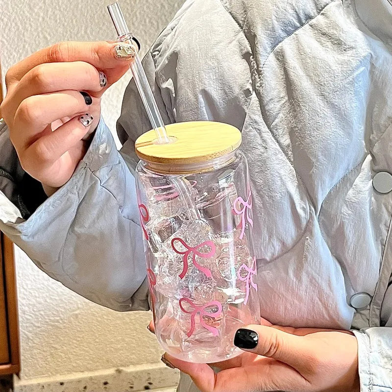 Cute Bow 500ml Glass Tumbler Mason Jar Cup with Straw Lid Iced Coffee Juice Bottle