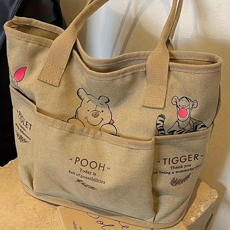 Cartoon Bear Canvas Tote Bag Large Capacity Multi Pocket Shoulder Bag
