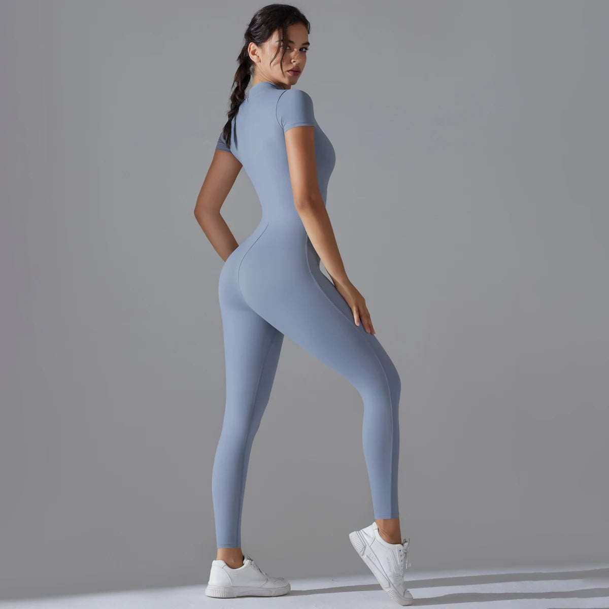 Full Body Gym Jumpsuit Women Short Sleeve Zip Seamless Bodysuit Fitness One Piece Outfit