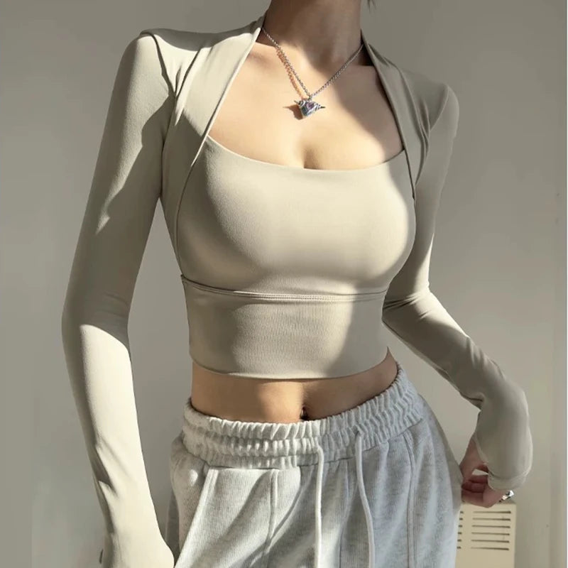 Women Long Sleeve Yoga Top with Chest Support Quick Dry Sportswear Shawl Style