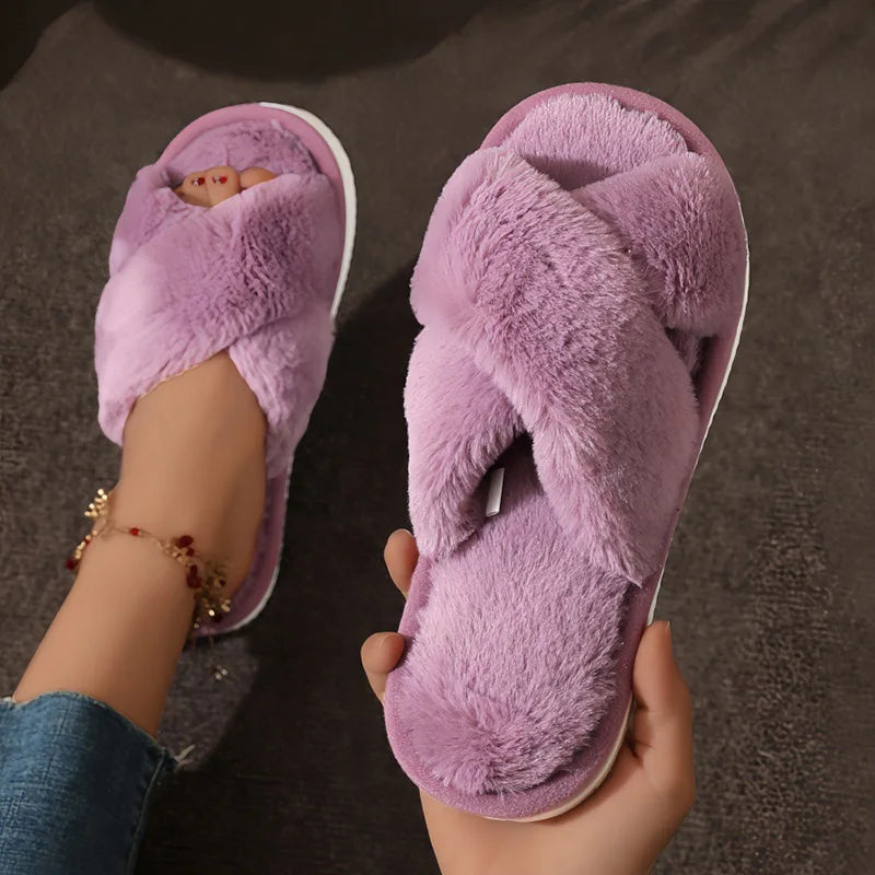 Women Faux Fur Cross Strap Slippers Warm Indoor Slides
