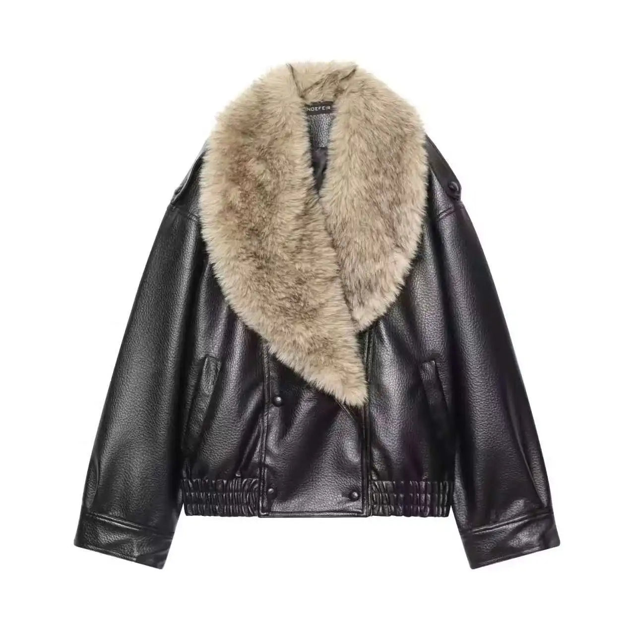 Women Faux Leather Winter Jacket Loose Fit Double Breasted Coat with Fur Collar