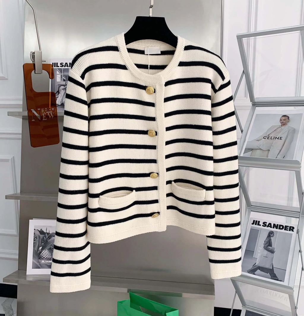 Women Striped Knit Cardigan Crop Top O Neck Long Sleeve Casual Sweater Jacket