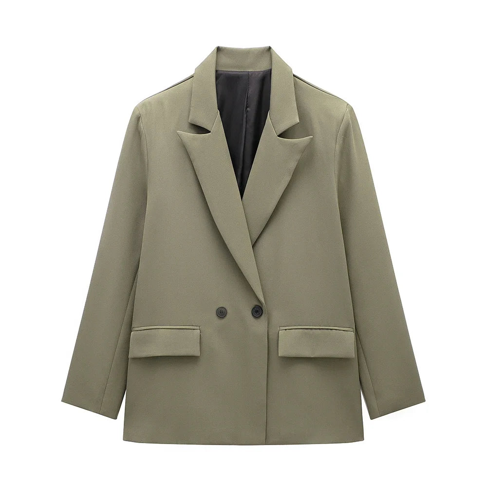 Women Double Breasted Blazer with Pockets Vintage Office Jacket