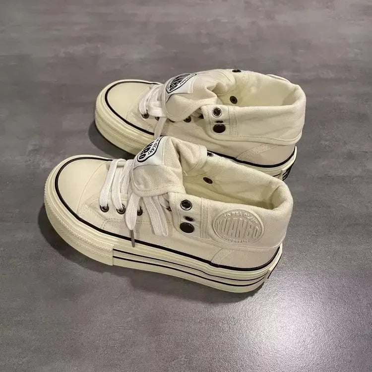 Women High Top Canvas Sneakers Platform Lace Up Thick Sole Height Increase Casual Shoes