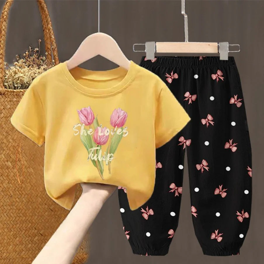 Toddler Girls Summer T-Shirt and Pants Set Cute Kids Two Piece Outfit