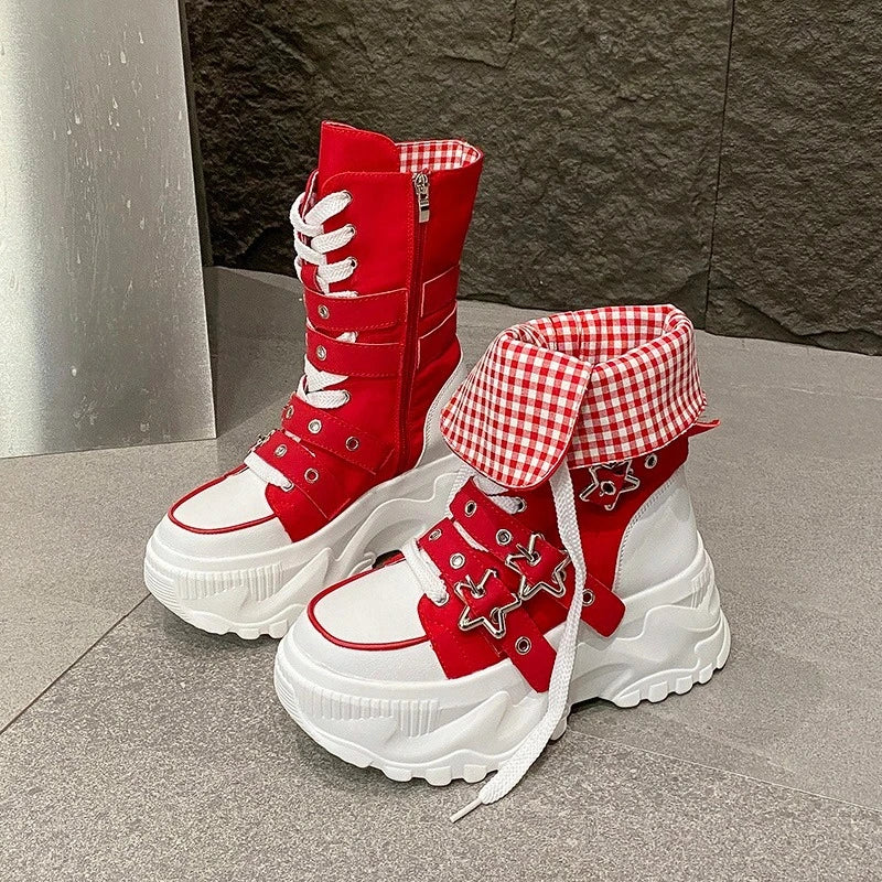 Women Round Toe Lace Up Platform Mid Calf Boots Non Slip Autumn Winter