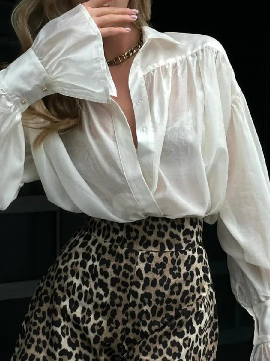 Women Loose Fit Collared Shirt Flare Sleeve Long Sleeve Office Casual Top Solid Color
