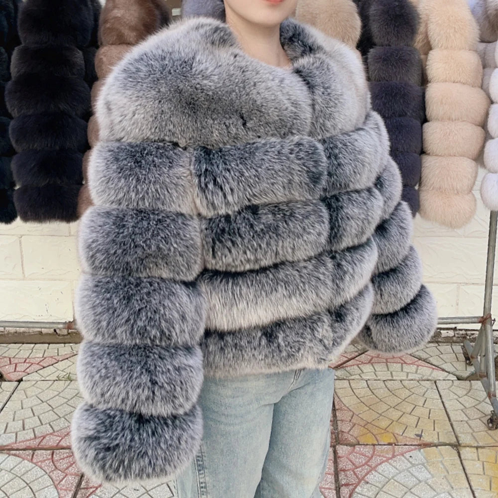 Women Real Fox Fur Winter Coat Brown Leather Jacket