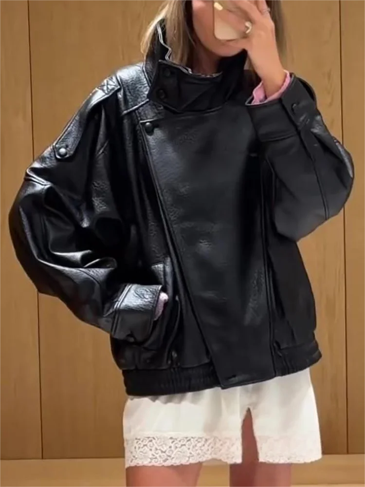 Women Black Faux Leather Jacket Oversized Long Sleeve Button Up Streetwear Coat