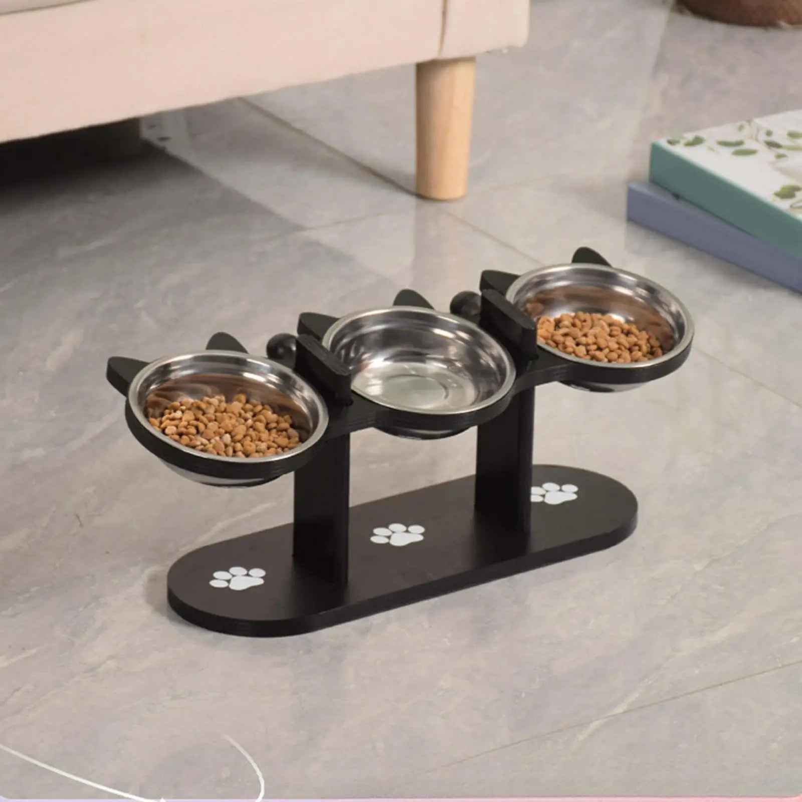 Elevated Stainless Steel Cat Bowl with 15 Degree Wooden Stand