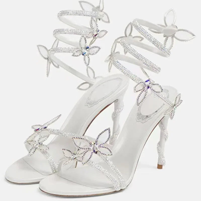 Women Crystal Flower High Heel Sandals Ankle Strap Thin Party Shoes