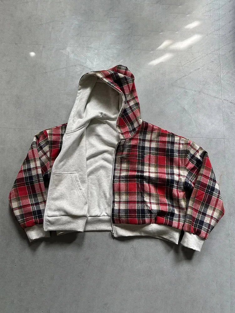 Women Plaid Zip Up Hoodie Double Sided Warm Hooded Sweatshirt