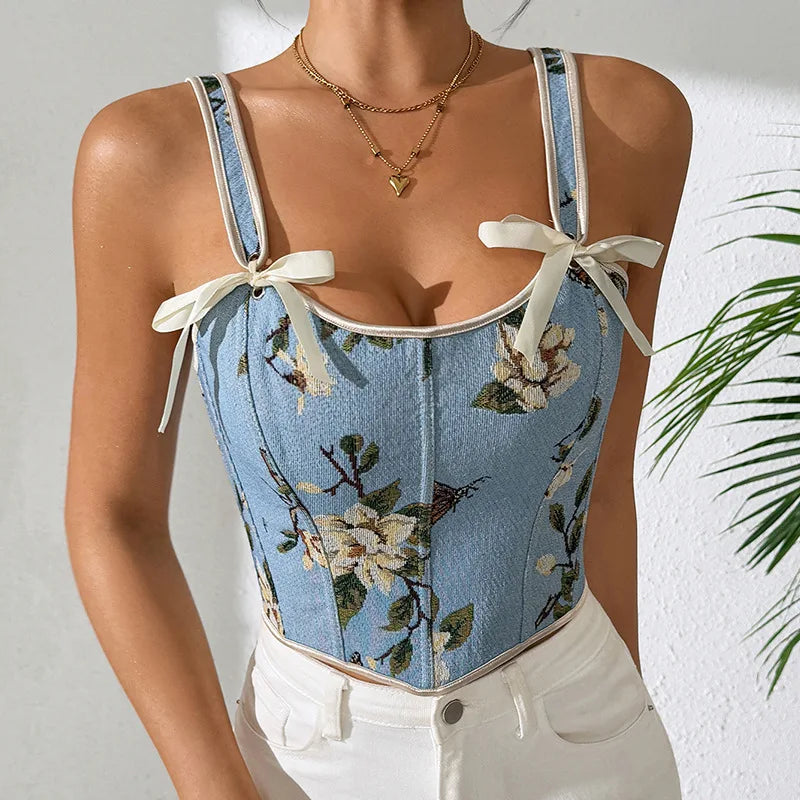 Women’s Floral Corset Bra Top French Style Double Strap Retro Vest