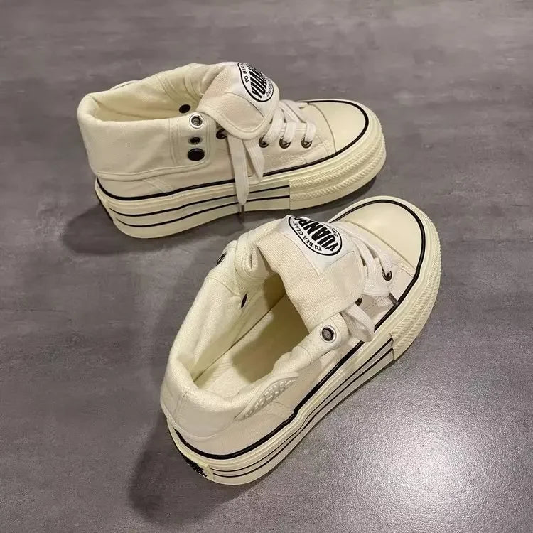 Women High Top Canvas Sneakers Platform Lace Up Thick Sole Height Increase Casual Shoes