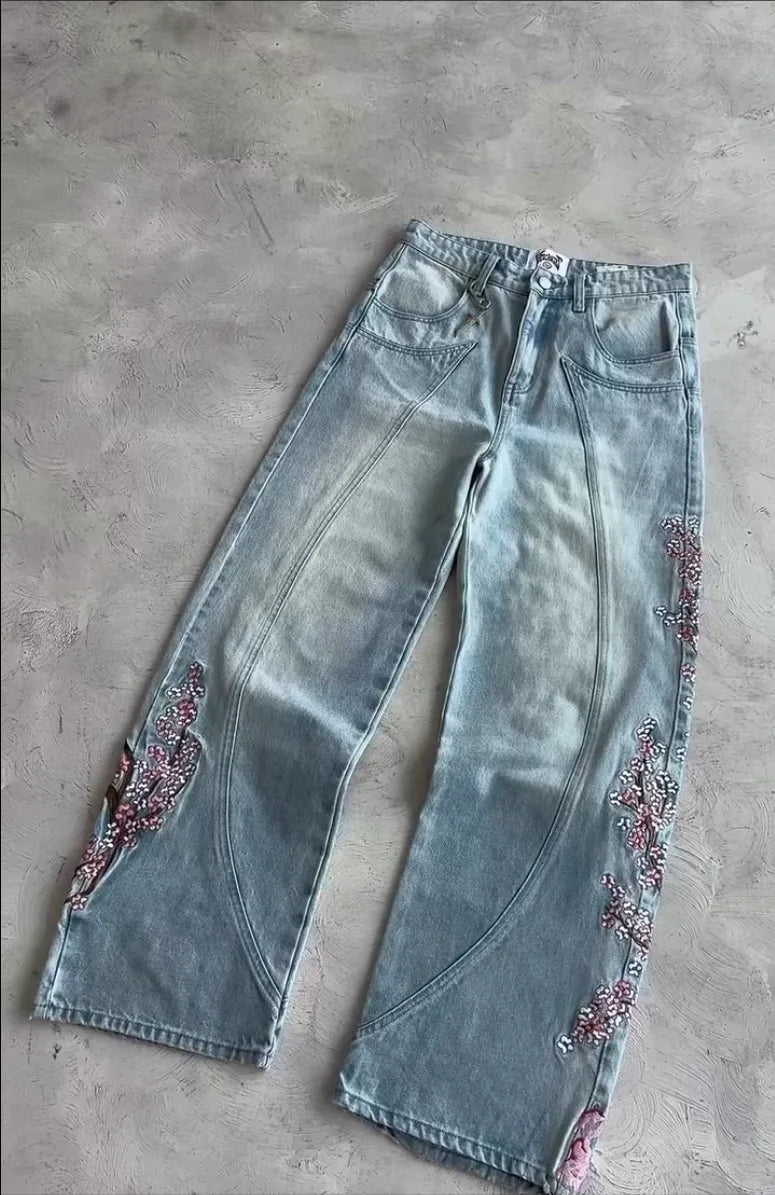 Y2K Cherry Blossom Embroidered Baggy Jeans Vintage Straight Denim Pants