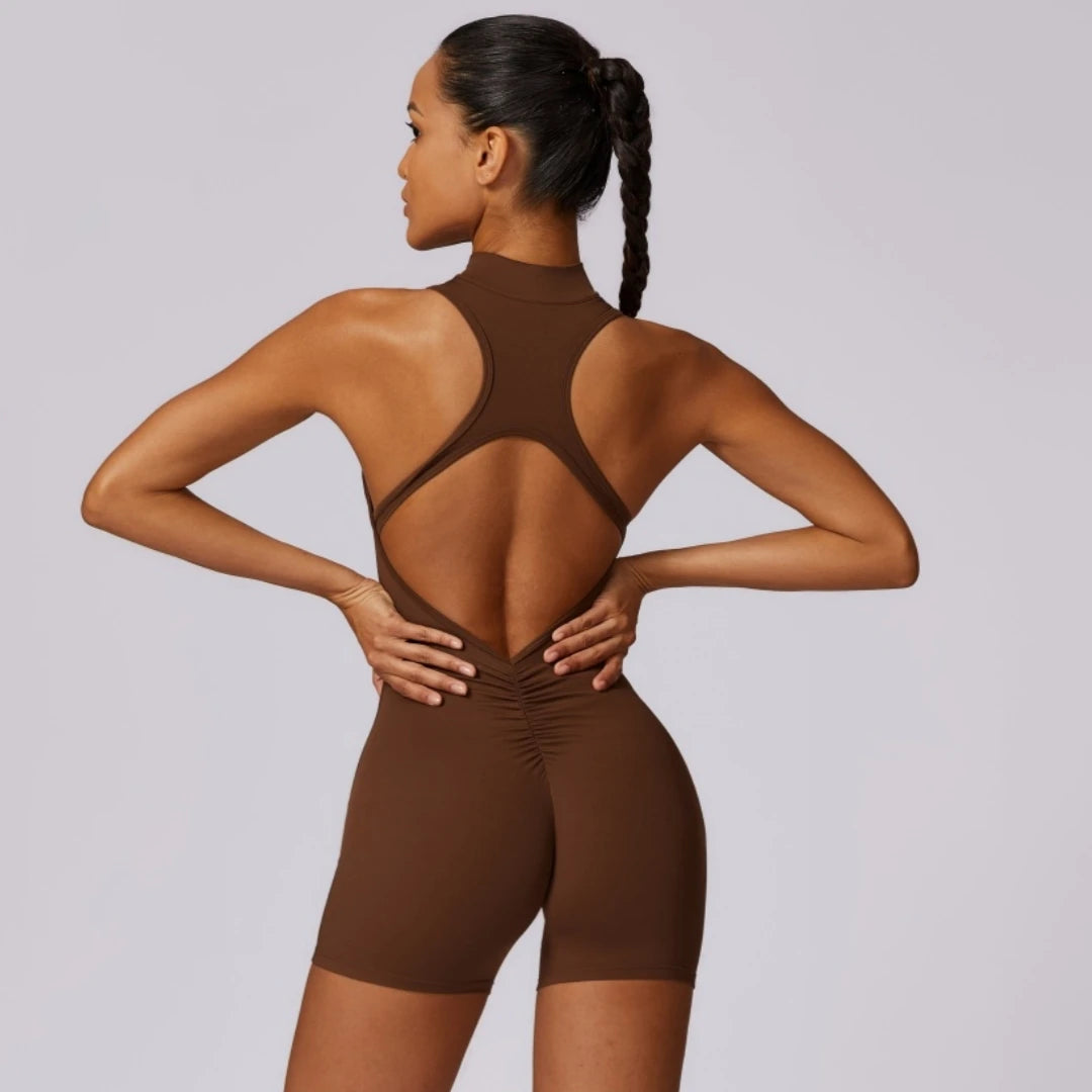 Women Backless Scrunch Yoga Jumpsuit Zipper Fitness Sportswear One Piece Suit