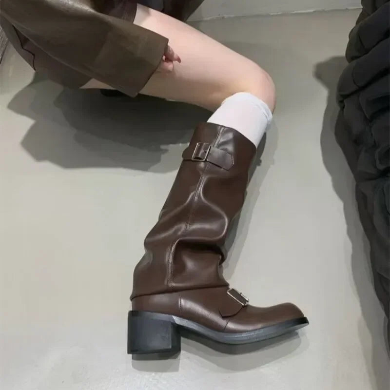 Women Knee High Platform Boots Chunky Heel Punk Gothic Leather Motorcycle Boots