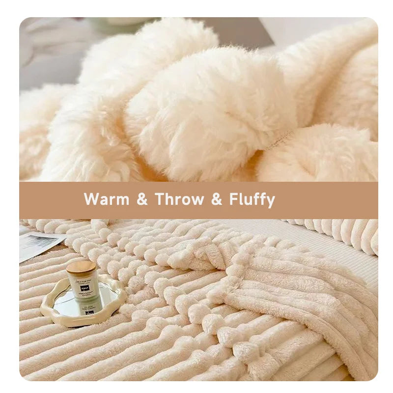 Soft Fluffy Throw Blanket 250GSM Warm Striped Bed Blanket for Winter