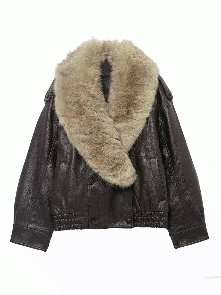 Women Faux Leather Winter Jacket Loose Fit Double Breasted Coat with Fur Collar