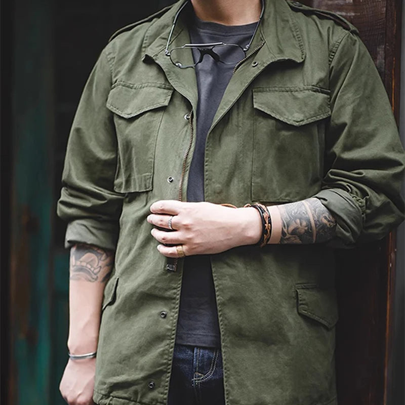 Men Military Field Jacket Retro Cotton Multi Pocket Zipper Coat