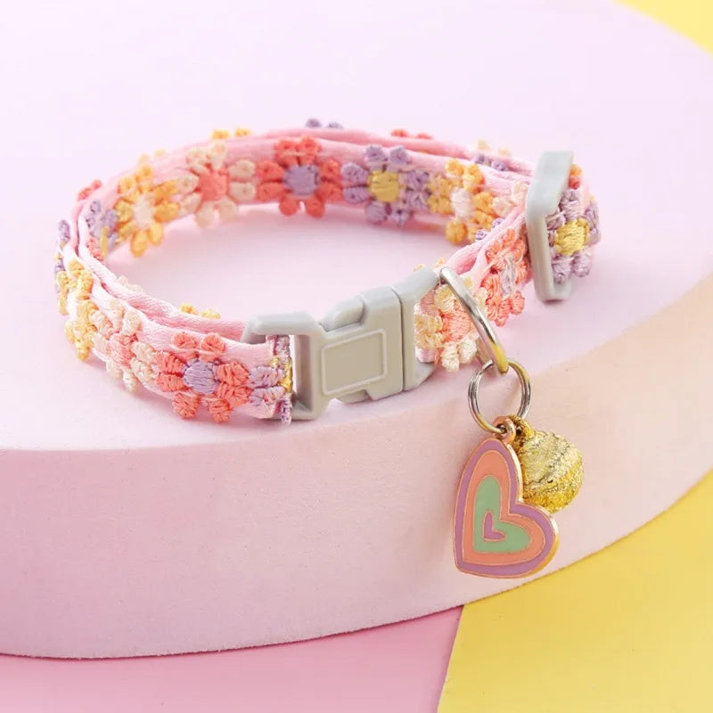 Rainbow Flower Cat Collar with Bell Adjustable Cute Lace Collar for Cats and Puppies