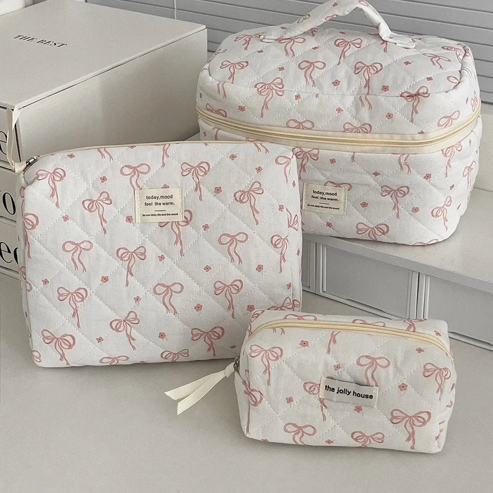 Pink Strawberry Quilted Cosmetic Travel Makeup Storage Bag