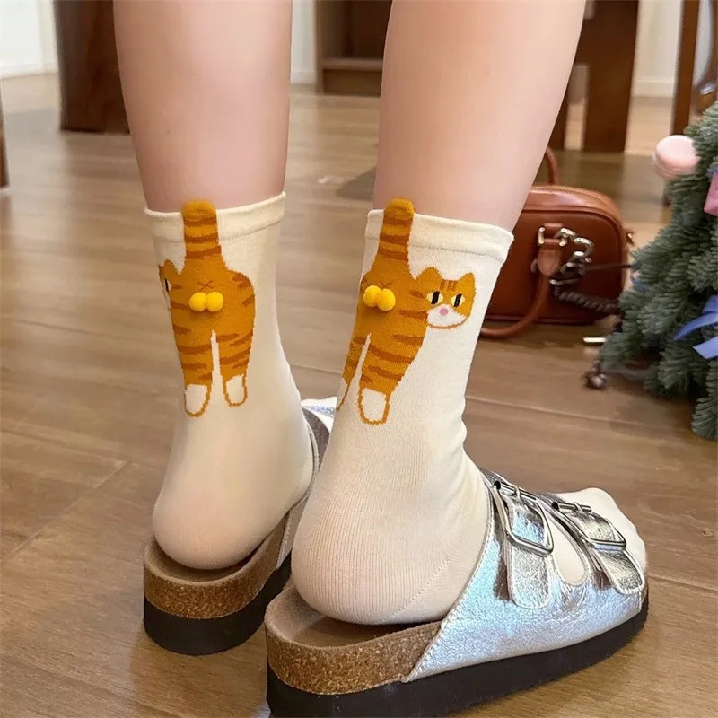 3D Cute Cat Socks Women Mid Tube Sleep Socks Black White Cat Print Floor Socks