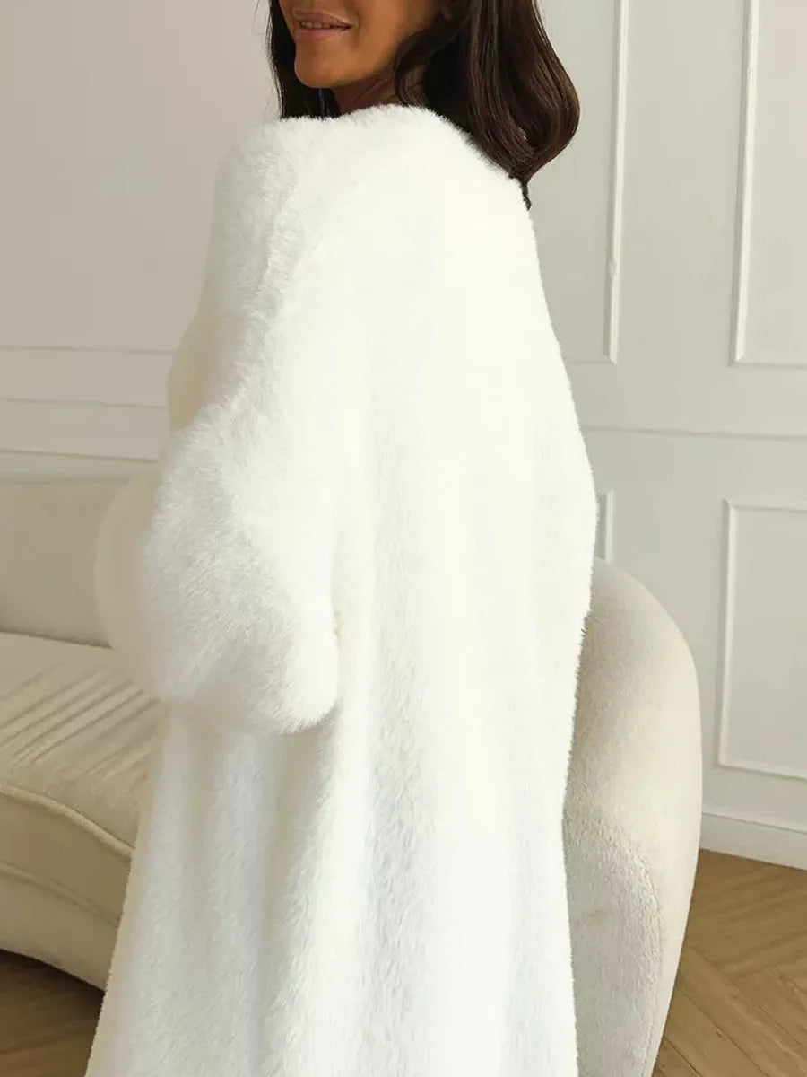 Women White Long Knit Cardigan Fluffy Cashmere Style Winter Sweater Coat
