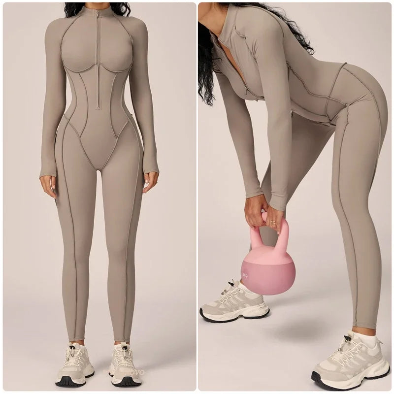 Women Zip Up Athletic Romper Onesie Workout Jumpsuit