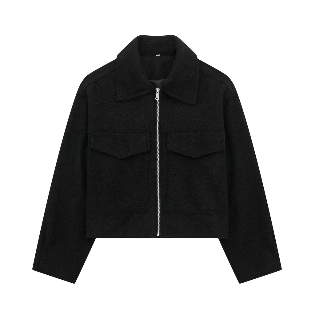 Women Grey Zip Up Jacket Vintage Lapel Long Sleeve Coat with Pockets