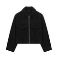 Women Grey Zip Up Jacket Vintage Lapel Long Sleeve Coat with Pockets