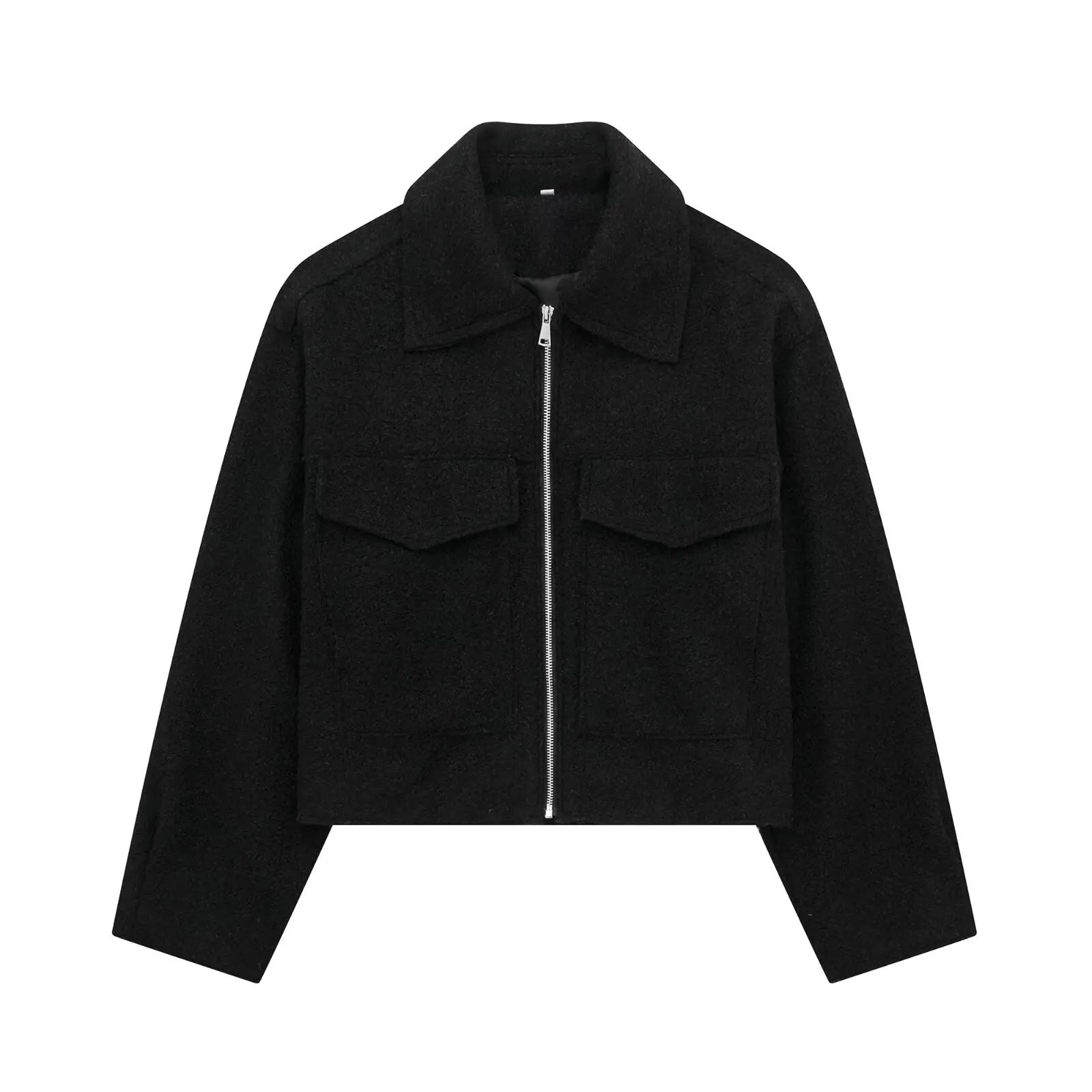 Women Grey Zip Up Jacket Vintage Lapel Long Sleeve Coat with Pockets
