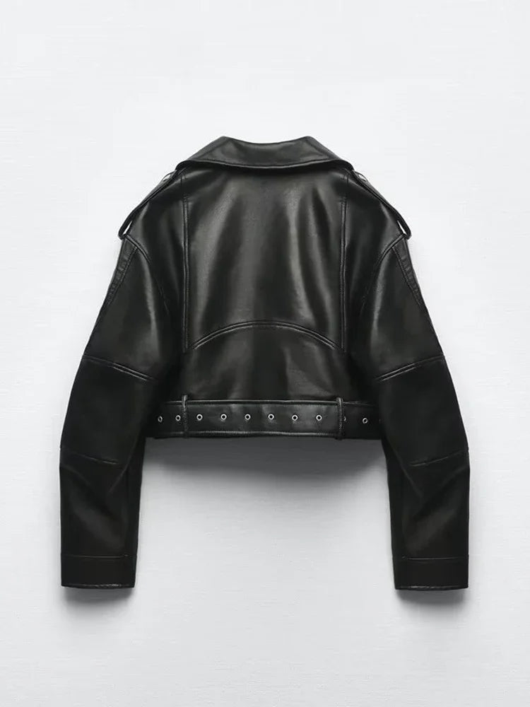 Women Oversized Faux Leather Jacket Belted Short Moto Biker Streetwear Coat