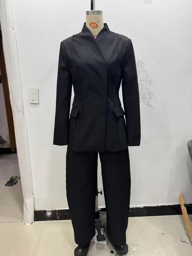 Women Slim Fit Suit Set High Collar Blazer and Casual Trousers Two Piece Outfit